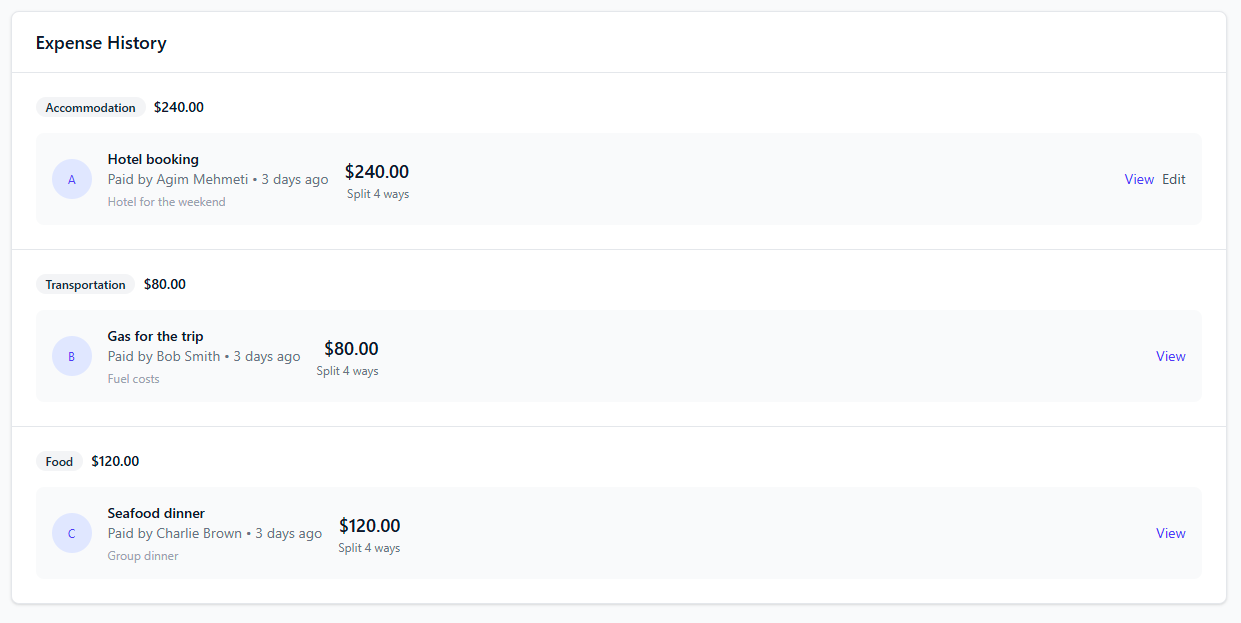 Complete expenses dashboard showing overview across all user events and outstanding balances