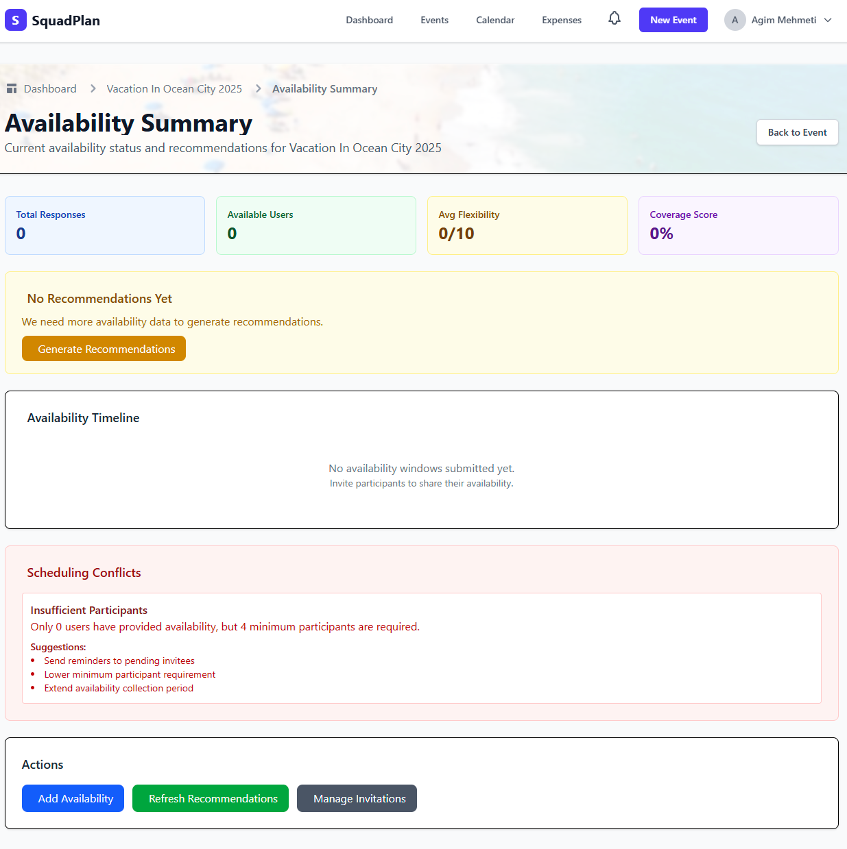 Availability summary showing no responses yet for Ocean City vacation planning