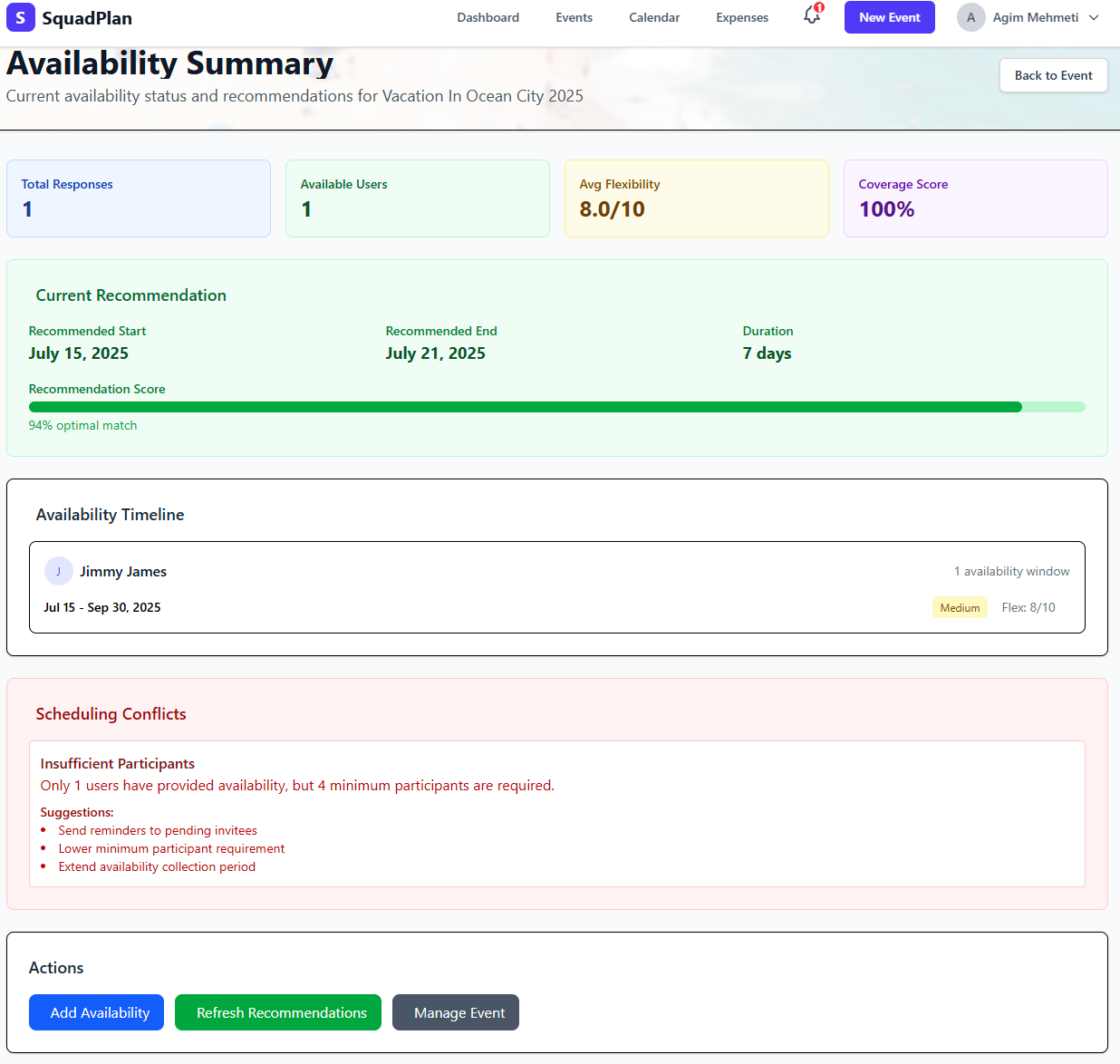Availability summary with one response