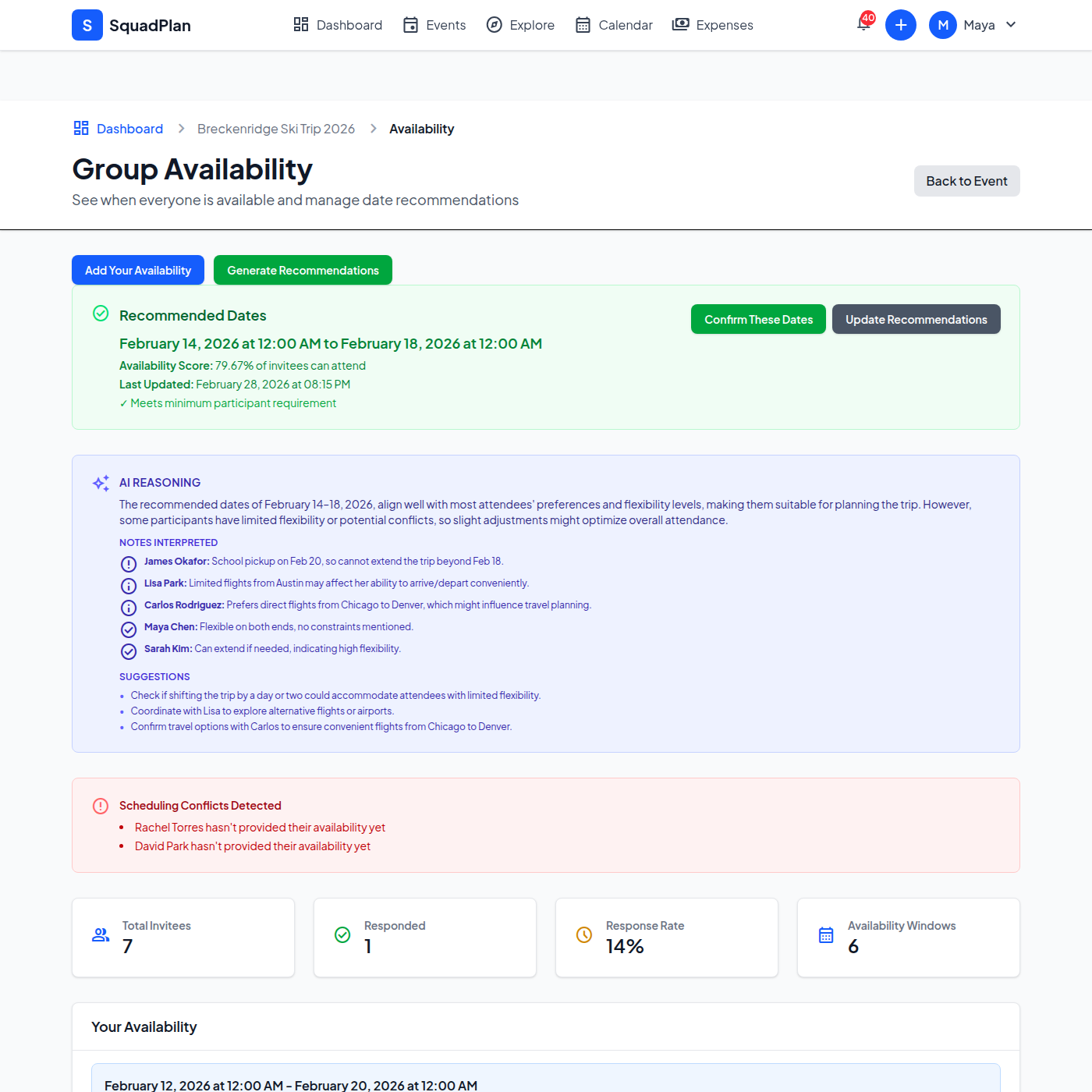 Group availability windows showing overlap for Breckenridge trip