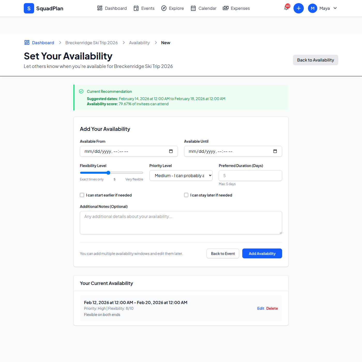 Submitting personal availability window
