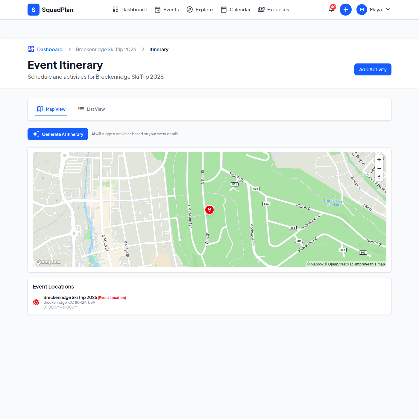 Shared itinerary for Breckenridge ski trip