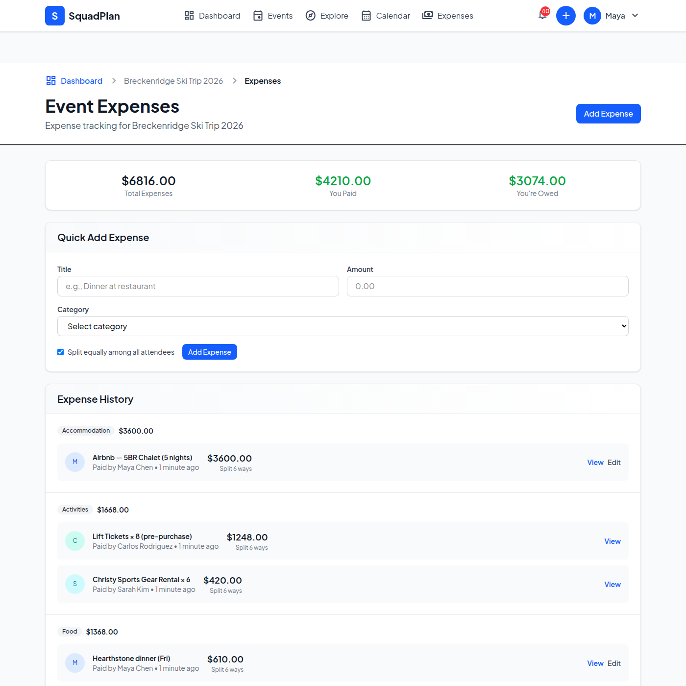 Expense tracking dashboard for group ski trip