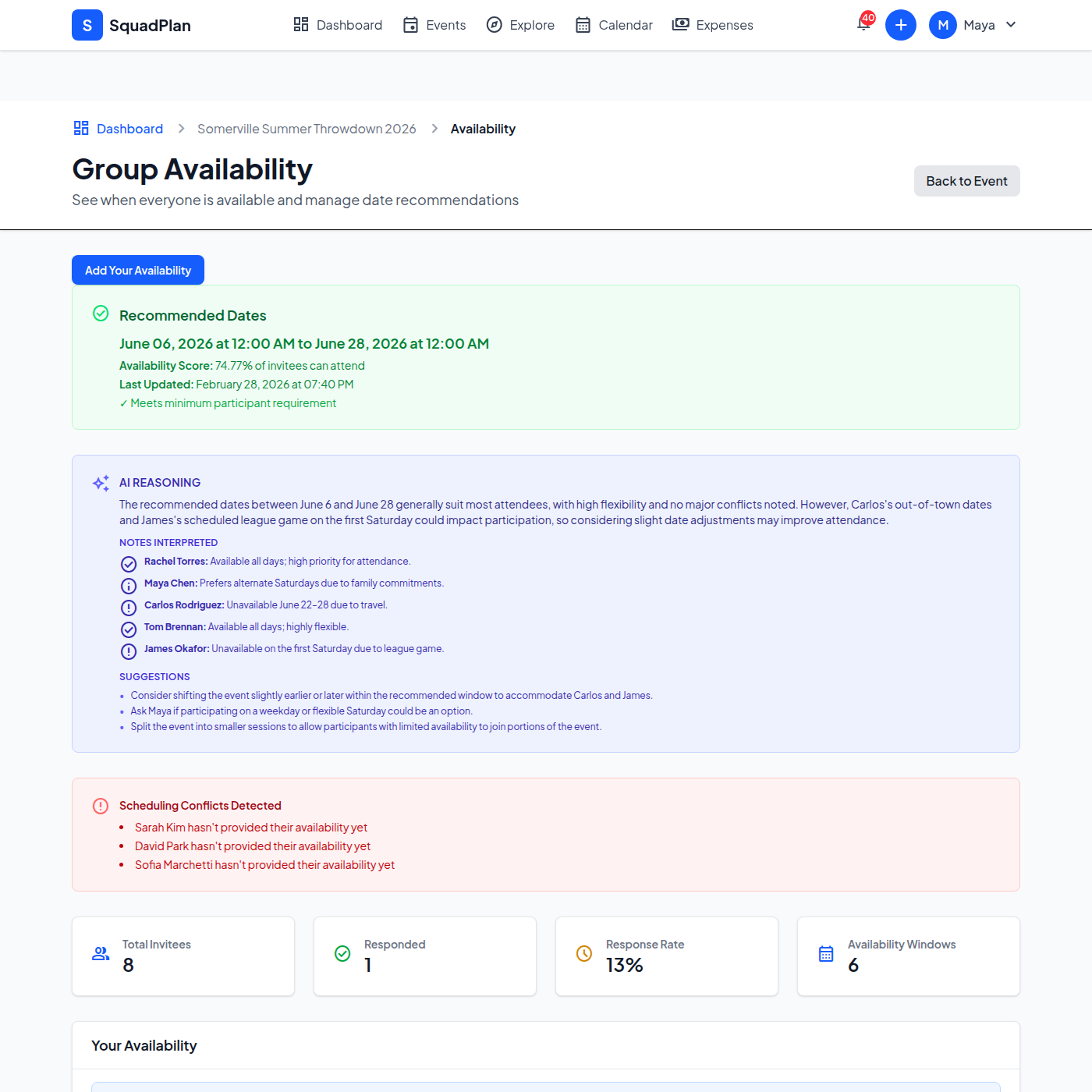 Team availability for tournament scheduling