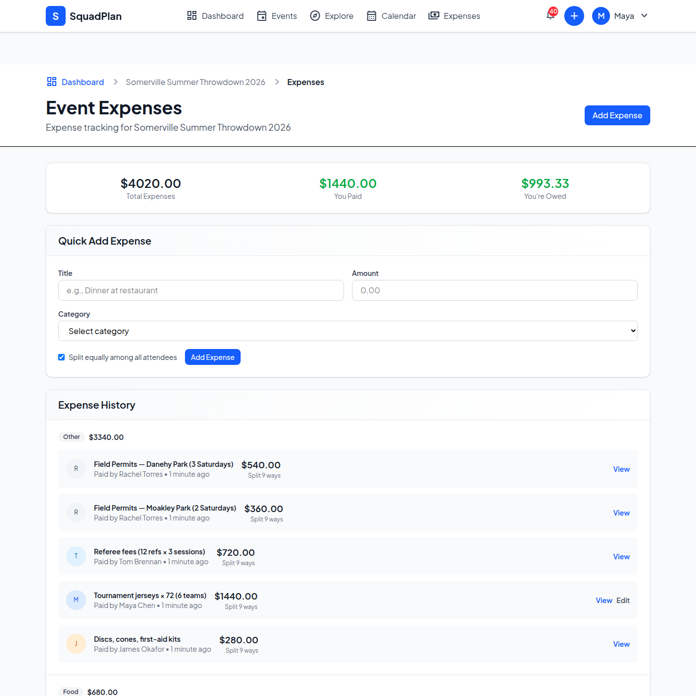 Tournament expense tracking across teams