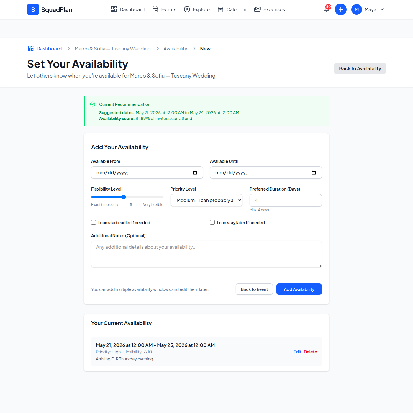 Guest submitting arrival availability window