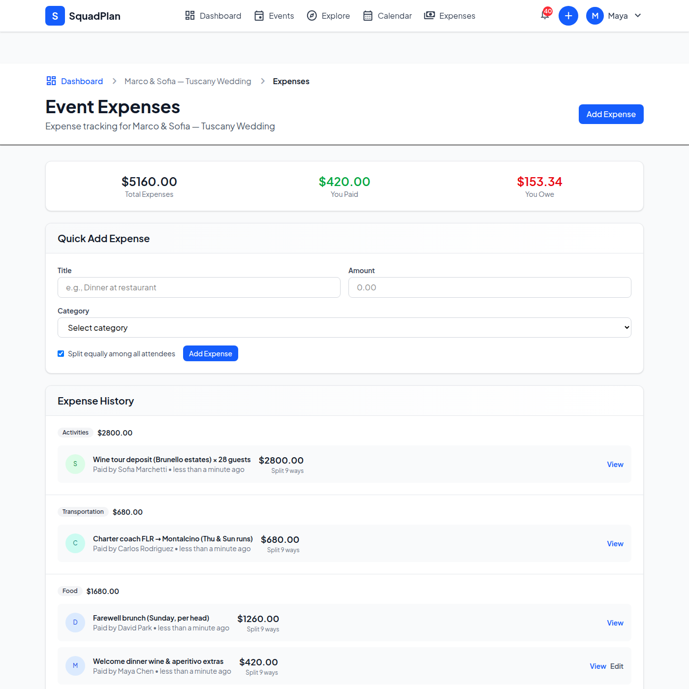 Adding the wine tour group expense in Tuscany
