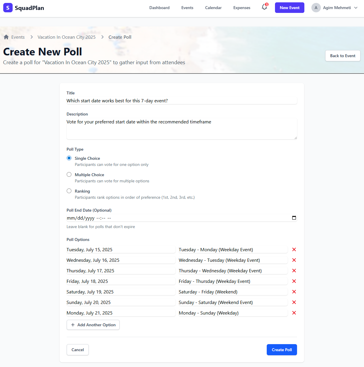 Create poll for trip start date
