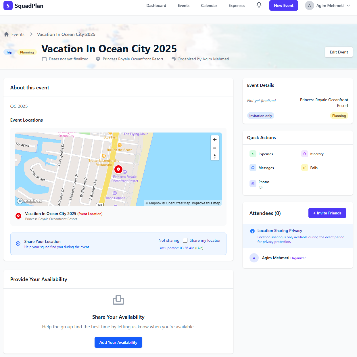 Initial event dashboard for Ocean City showing single attendee and invitation status