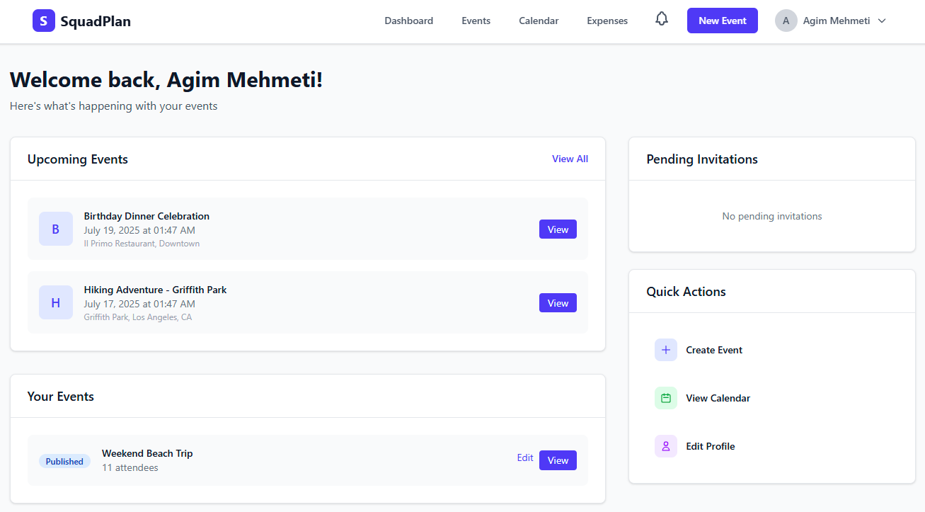 Event expenses summary showing participant balances and payment status for beach trip