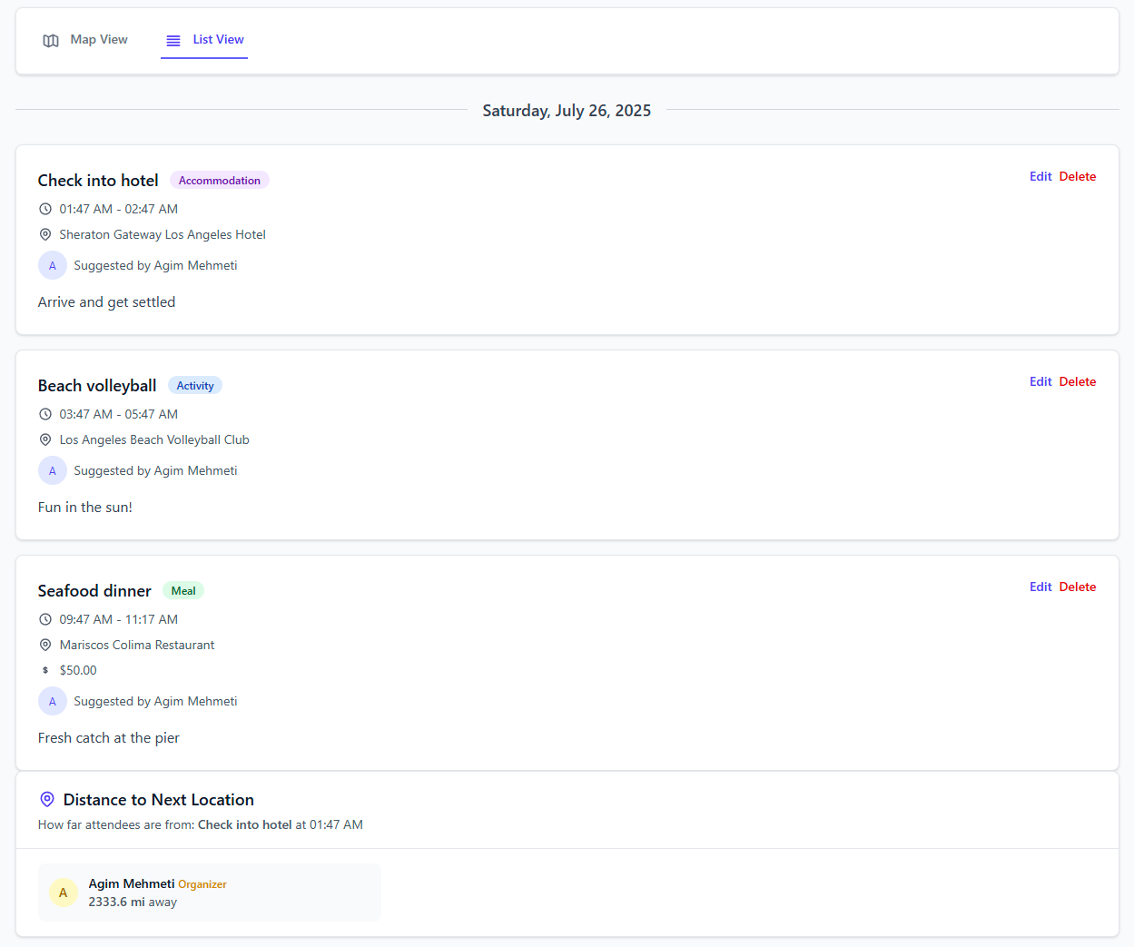 Event itinerary list view