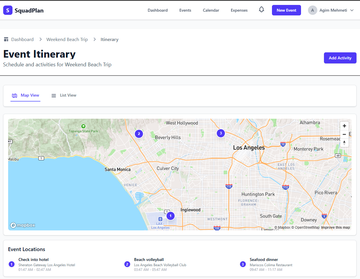 Event itinerary map view