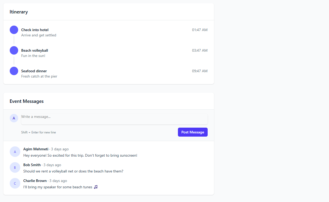 Comprehensive event dashboard displaying itinerary, polls, attendees, and expenses in unified view