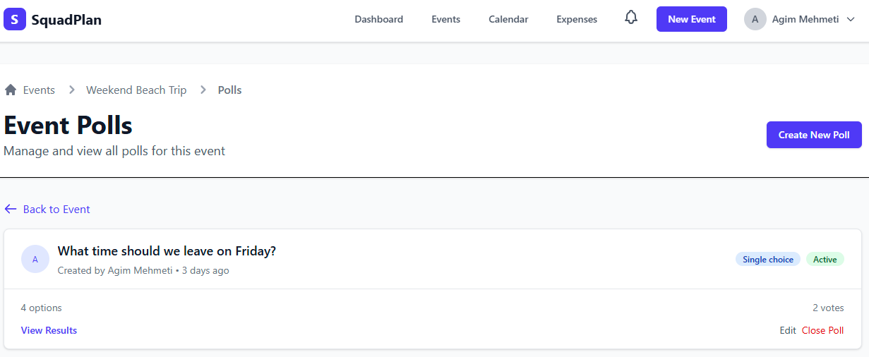 Event polls overview showing active poll for Friday departure time with voting status