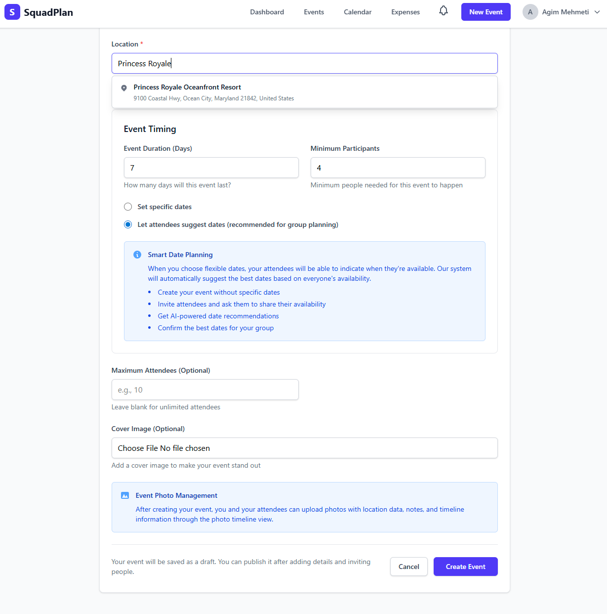 Event setup screen showing Princess Royale Oceanfront Resort location and flexible date options