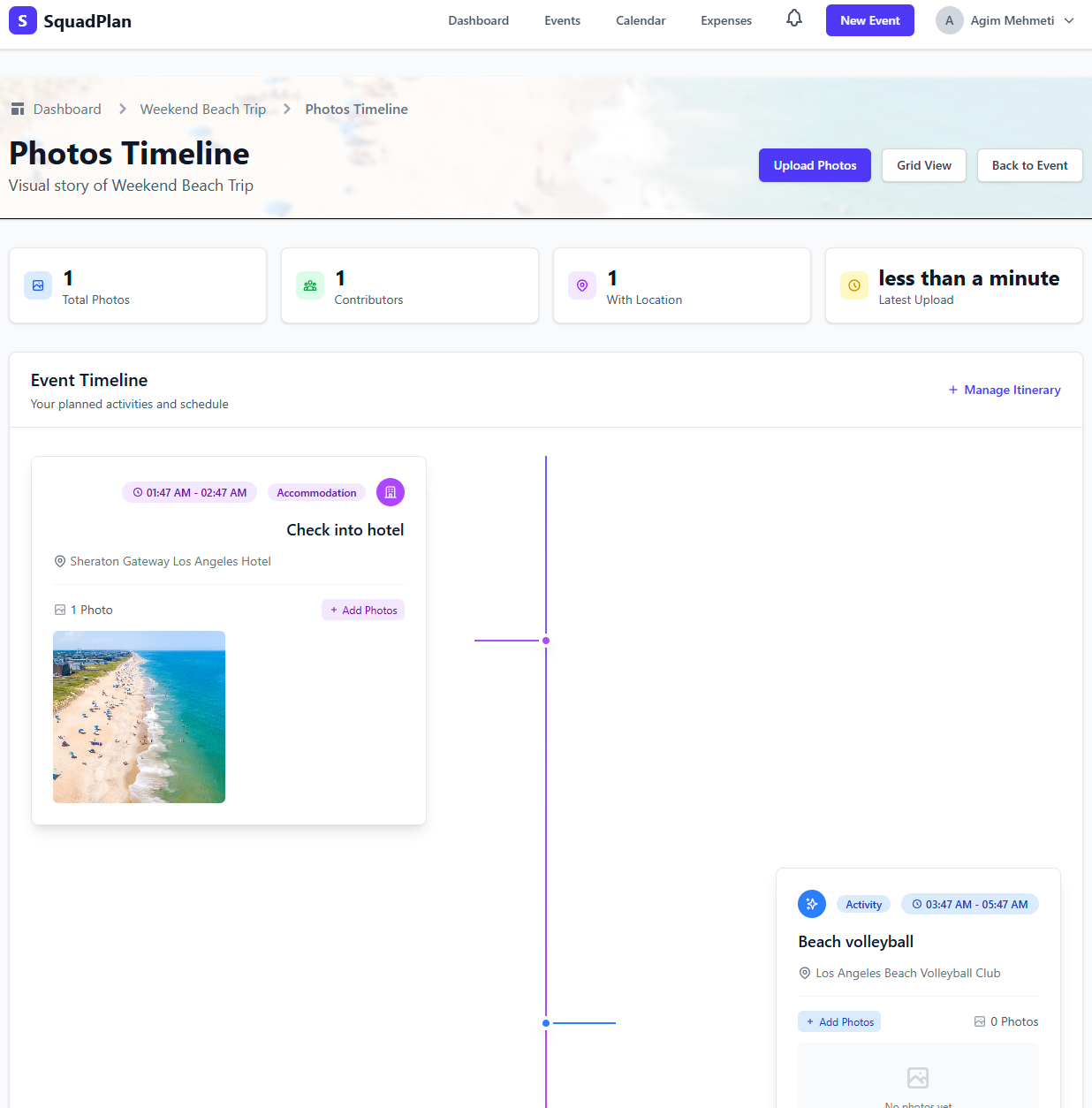 Photos timeline showing first uploaded photo linked to hotel check-in event