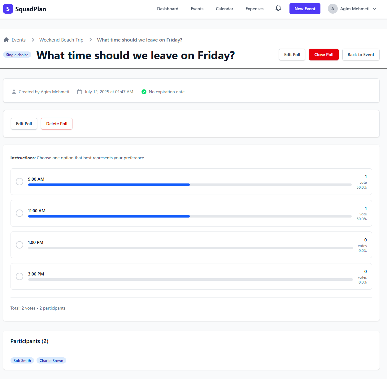 Poll results showing votes for 9:00 AM and 11:00 AM departure time options
