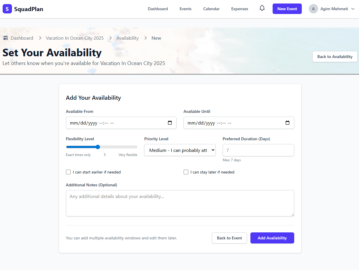 Set availability form